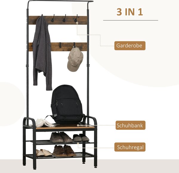 HOMCOM Stojan na kabáty a boty s 8 háčky a 2 policemi MDF Černá 72,1 x 34 x 184,8 cm | Aosom