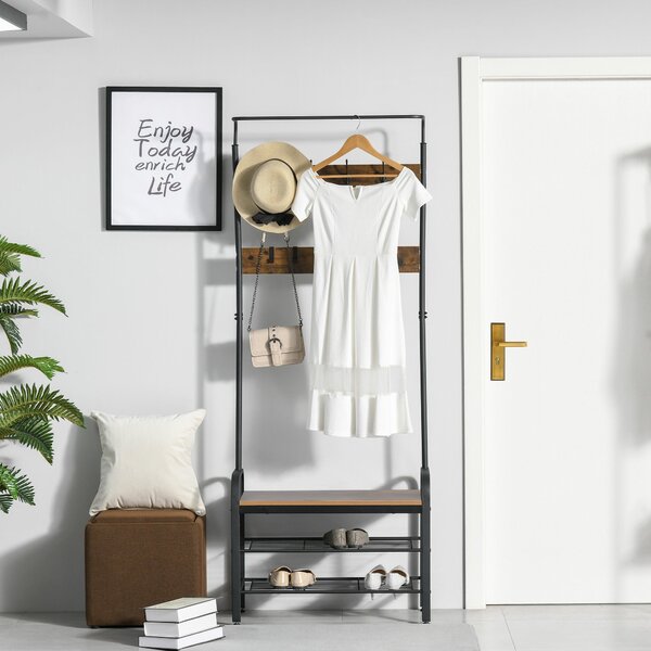 HOMCOM Stojan na kabáty a boty s 8 háčky a 2 policemi MDF Černá 72,1 x 34 x 184,8 cm | Aosom