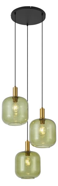 Hotelová elegantní závěsná lampa černá se zlatým a zeleným sklem 3-světla - Zuzanna