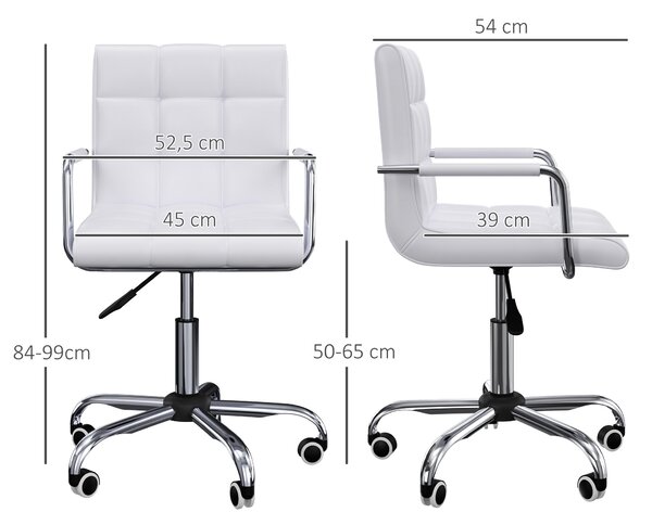 HOMCOM Otáčecí Kancelářská Židle Kosmetické Stoličky Rolovací Stoličky Pracovní Stoličky Exekutivní Židle Psací Židle Kovová PU Bílá 52,5 x 54 x 84-99