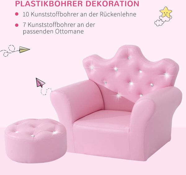 Dětská pohovka HOMCOM s Ottomanem, Dětská pohovka princeznovského stylu, Mini pohovka do útulného koutku v dětském pokoji, herně, ložnici, Růžová | Ao