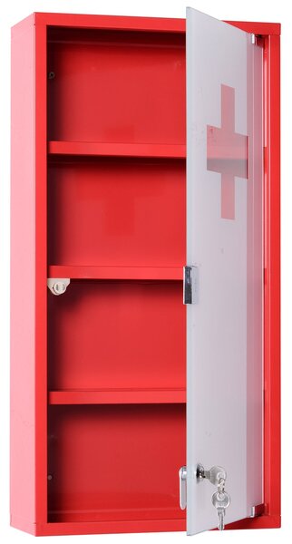 HOMCOM Lékárnička Medicínská Skříňka s 3 Policemi a Zámkem - Červená s Matným Sklem, 27cm x 57cm x 12cm | Aosom