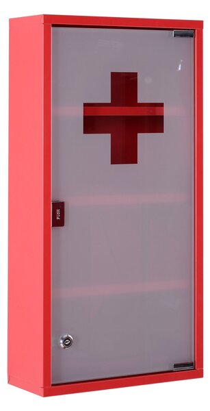 HOMCOM Lékárnička Medicínská Skříňka s 3 Policemi a Zámkem - Červená s Matným Sklem, 27cm x 57cm x 12cm | Aosom