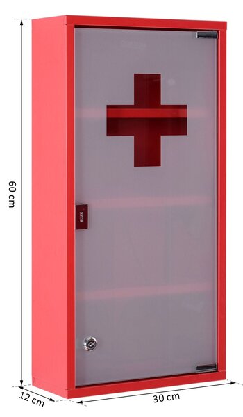 HOMCOM Lékárnička Medicínská Skříňka s 3 Policemi a Zámkem - Červená s Matným Sklem, 27cm x 57cm x 12cm | Aosom