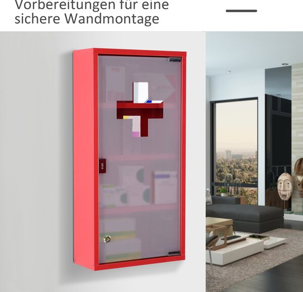 HOMCOM Lékárnička Medicínská Skříňka s 3 Policemi a Zámkem - Červená s Matným Sklem, 27cm x 57cm x 12cm | Aosom