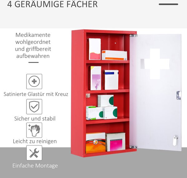 HOMCOM Lékárnička Medicínská Skříňka s 3 Policemi a Zámkem - Červená s Matným Sklem, 27cm x 57cm x 12cm | Aosom