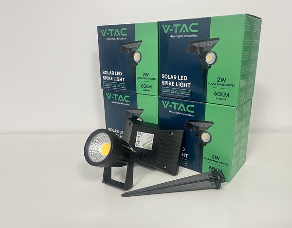 V-TAC Solární zapichovací černá LED lampa 2W IP65, 3+1ks zdarma, Studená bílá 6000 - 6500K