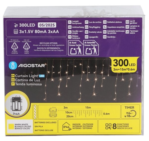Aigostar - LED Venkovní ván řetěz 300xLED/8 funkcí 3xAA 18x06m IP44 teplá bílá