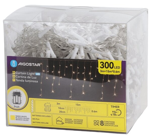 Aigostar - LED Venkovní ván řetěz 300xLED/8 funkcí 3xAA 18x06m IP44 teplá bílá