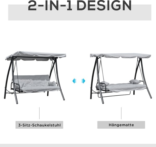 Závěsné lehátko Outsunny Hollywood Swing Garden s funkcí polohování, 3 místné, kov+polyester, šedé, 209 x 114 x 170 cm | Aosom