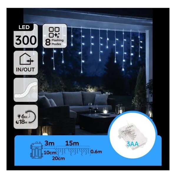 Aigostar - LED Venkovní ván řetěz 300xLED/8 funkcí 3xAA 18x06m IP44 studená bílá