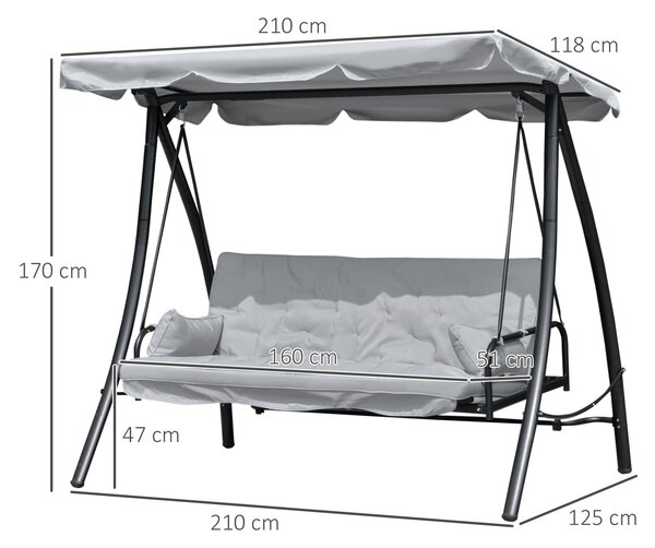 Závěsné lehátko Outsunny Hollywood Swing Garden s funkcí polohování, 3 místné, kov+polyester, šedé, 209 x 114 x 170 cm | Aosom