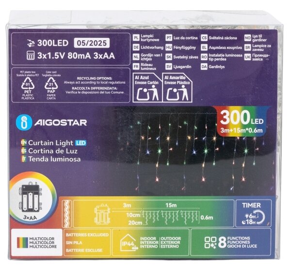 Aigostar - LED Venkovní ván řetěz 300xLED/8 funkcí 3xAA 18x06m IP44 multicolor