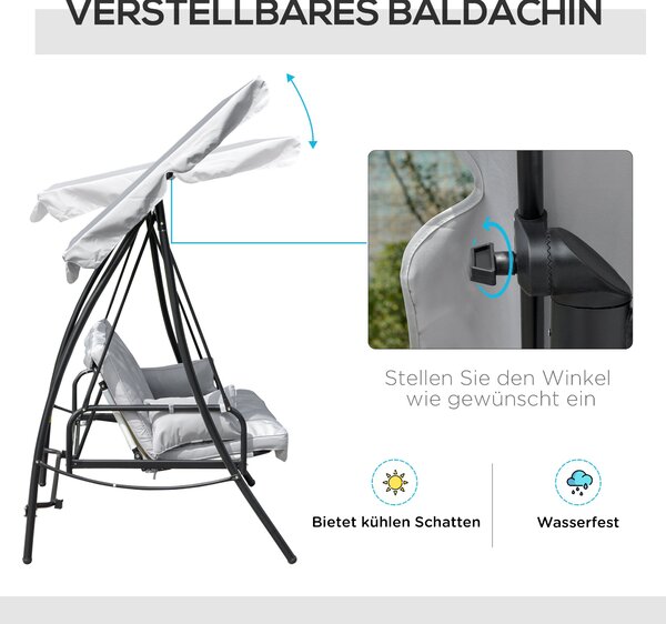 Závěsné lehátko Outsunny Hollywood Swing Garden s funkcí polohování, 3 místné, kov+polyester, šedé, 209 x 114 x 170 cm | Aosom