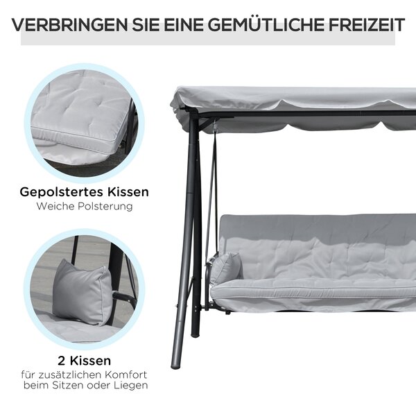 Závěsné lehátko Outsunny Hollywood Swing Garden s funkcí polohování, 3 místné, kov+polyester, šedé, 209 x 114 x 170 cm | Aosom