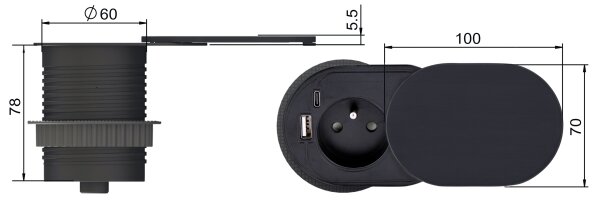 Solight PP124CB-PD20 - Vestavná zásuvka 20W 1Z +USB A+C černá
