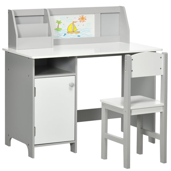 HOMCOM Dětská sada stolu a židle s tabulí, dřevěný studijní stůl pro děti od 5 let, dětský psací stůl 90x45x85 cm Šedý | Aosom