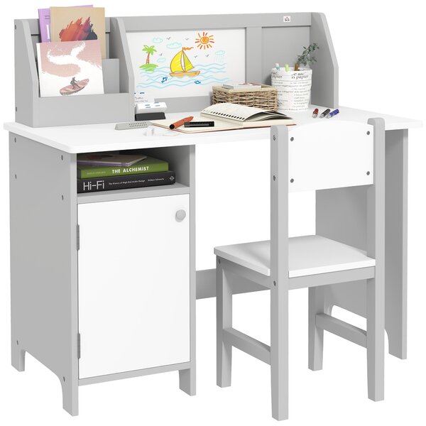 HOMCOM Dětská sada stolu a židle s tabulí, dřevěný studijní stůl pro děti od 5 let, dětský psací stůl 90x45x85 cm Šedý | Aosom