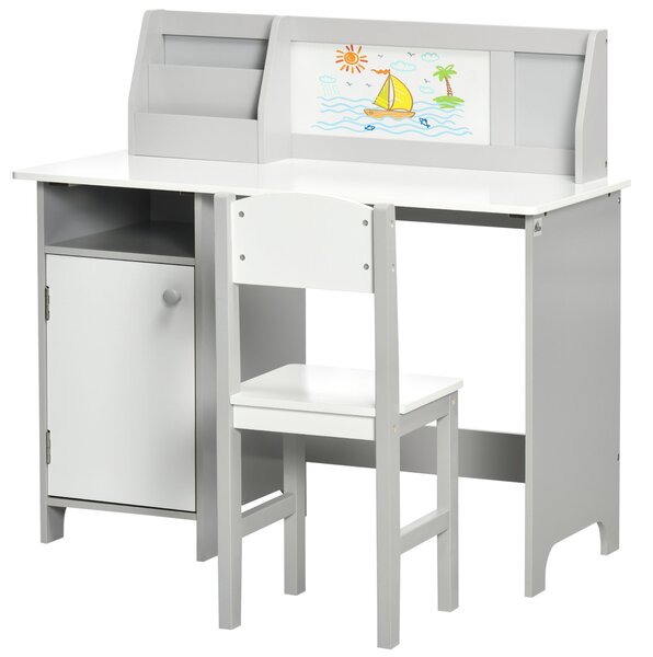 HOMCOM Dětská sada stolu a židle s tabulí, dřevěný studijní stůl pro děti od 5 let, dětský psací stůl 90x45x85 cm Šedý | Aosom