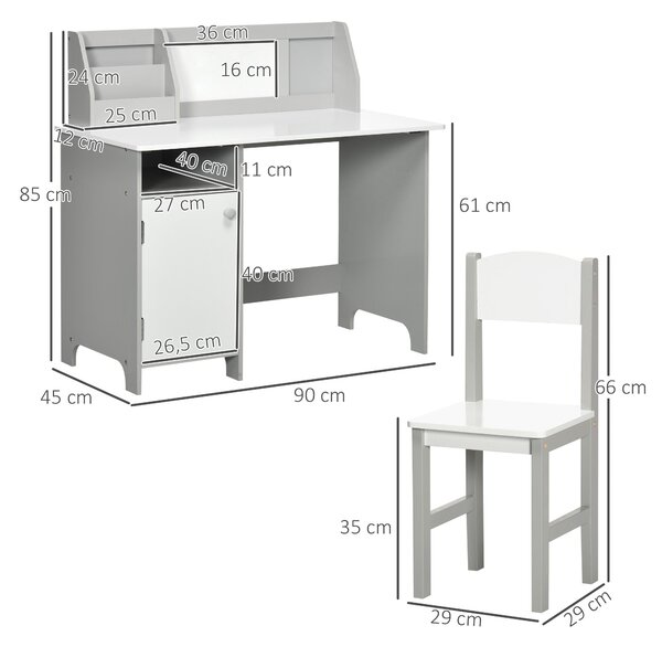 HOMCOM Dětská sada stolu a židle s tabulí, dřevěný studijní stůl pro děti od 5 let, dětský psací stůl 90x45x85 cm Šedý | Aosom