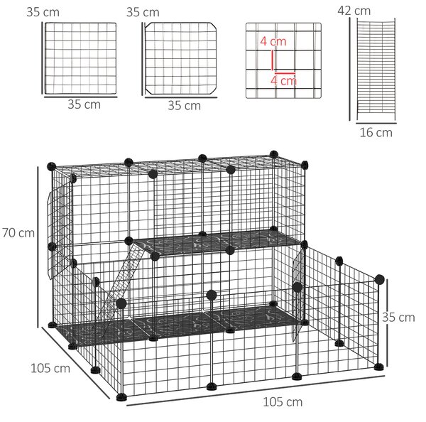 PawHut DIY plot pro malá zvířata se 24 panely – hrací oplocení s drátovou sítí, modulární klec pro morčata, králíky a činčily 105x105x70 cm, černá | A