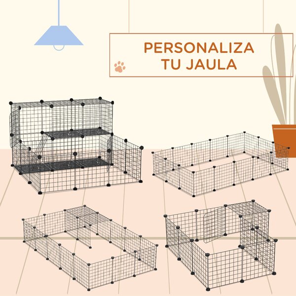 PawHut DIY plot pro malá zvířata se 24 panely – hrací oplocení s drátovou sítí, modulární klec pro morčata, králíky a činčily 105x105x70 cm, černá | A