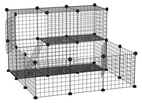 PawHut DIY plot pro malá zvířata se 24 panely – hrací oplocení s drátovou sítí, modulární klec pro morčata, králíky a činčily 105x105x70 cm, černá | A