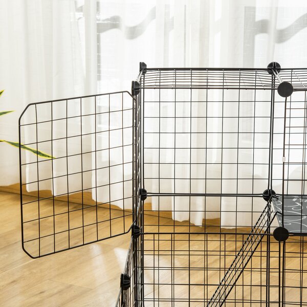 PawHut DIY plot pro malá zvířata se 24 panely – hrací oplocení s drátovou sítí, modulární klec pro morčata, králíky a činčily 105x105x70 cm, černá | A