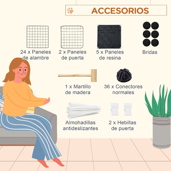 PawHut DIY plot pro malá zvířata se 24 panely – hrací oplocení s drátovou sítí, modulární klec pro morčata, králíky a činčily 105x105x70 cm, černá | A