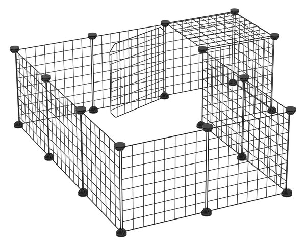 PawHut DIY plot pro malá zvířata se 24 panely – hrací oplocení s drátovou sítí, modulární klec pro morčata, králíky a činčily 105x105x70 cm, černá | A