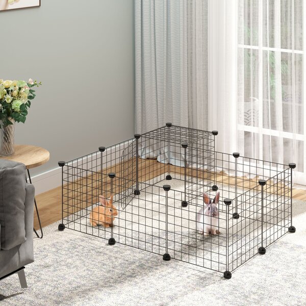 PawHut DIY plot pro malá zvířata se 24 panely – hrací oplocení s drátovou sítí, modulární klec pro morčata, králíky a činčily 105x105x70 cm, černá | A