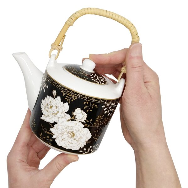 Porcelánová čajová souprava Easy Life Art Deco, černo-bílá, konvice 0,6 l a 2 šálky, s nerezovým sítkem