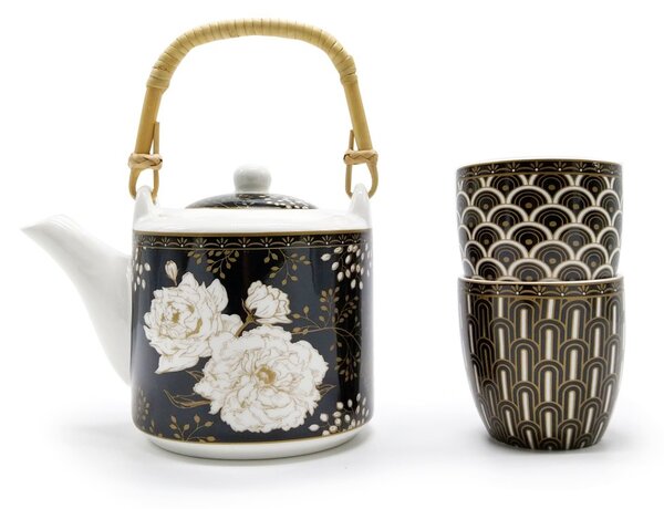 Porcelánová čajová souprava Easy Life Art Deco, černo-bílá, konvice 0,6 l a 2 šálky, s nerezovým sítkem