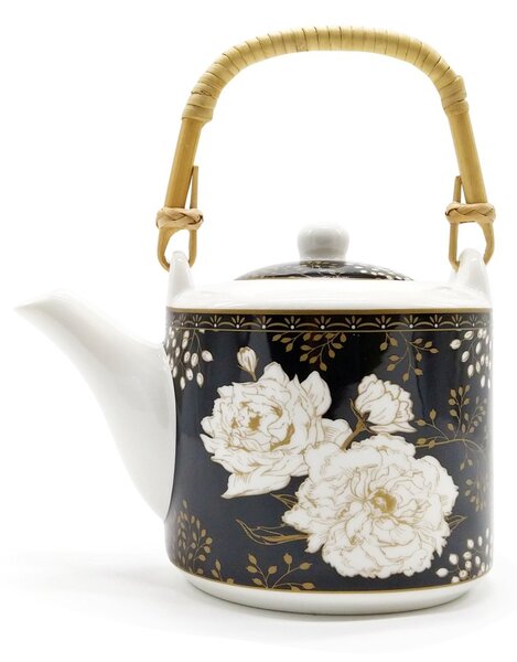 Porcelánová čajová souprava Easy Life Art Deco, černo-bílá, konvice 0,6 l a 2 šálky, s nerezovým sítkem
