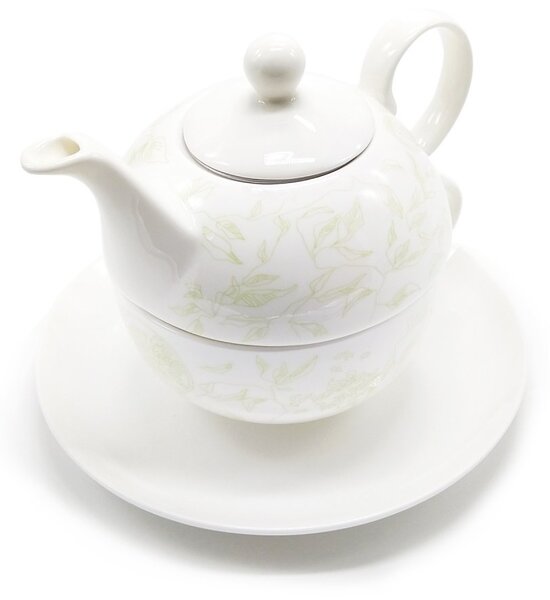 Porcelánová čajová souprava pro jednoho Oxalis Julia, konvice 0,4 l, šálek, motiv lístků, s nerezovým sítkem