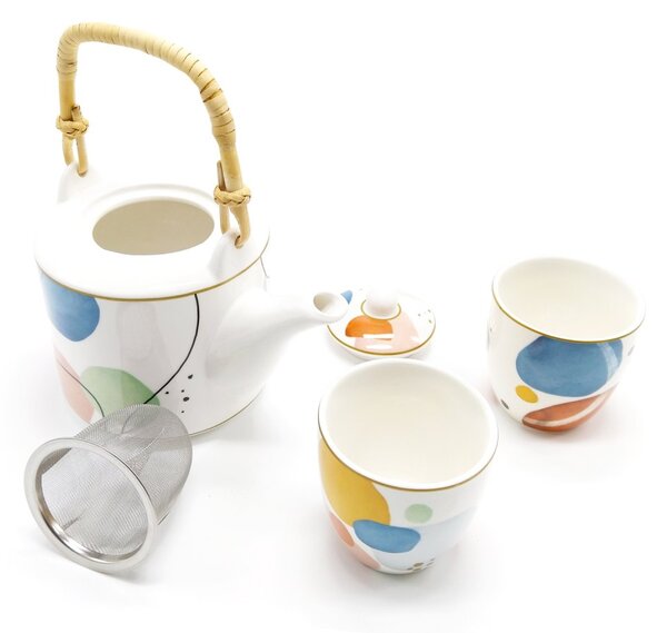 Porcelánová čajová souprava Easy Life Shapes, bílá, konvice 0,6 l a 2 šálky, s nerezovým sítkem