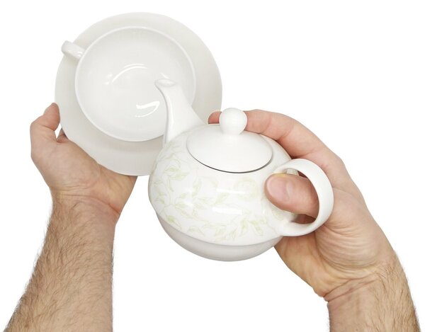 Porcelánová čajová souprava pro jednoho Oxalis Julia, konvice 0,4 l, šálek, motiv lístků, s nerezovým sítkem