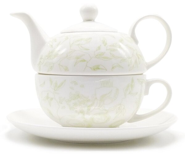 Porcelánová čajová souprava pro jednoho Oxalis Julia, konvice 0,4 l, šálek, motiv lístků, s nerezovým sítkem