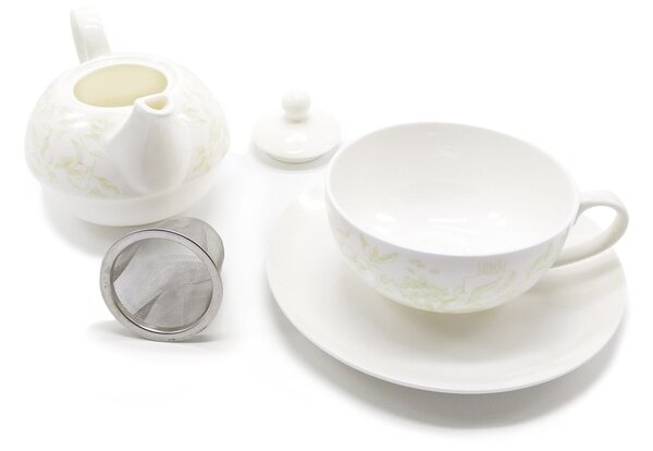 Porcelánová čajová souprava pro jednoho Oxalis Julia, konvice 0,4 l, šálek, motiv lístků, s nerezovým sítkem