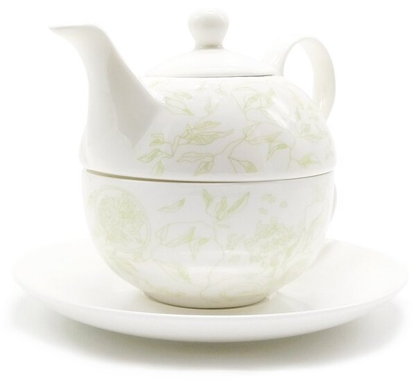 Porcelánová čajová souprava pro jednoho Oxalis Julia, konvice 0,4 l, šálek, motiv lístků, s nerezovým sítkem