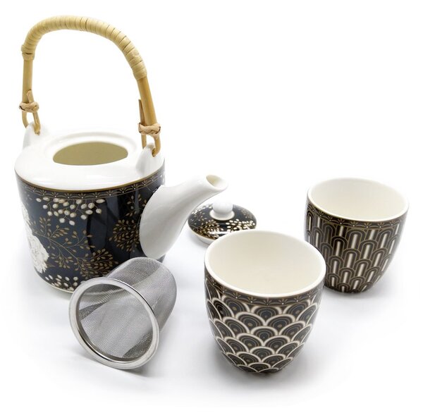 Porcelánová čajová souprava Easy Life Art Deco, černo-bílá, konvice 0,6 l a 2 šálky, s nerezovým sítkem