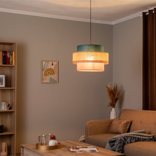 TK Lighting Závěsná lampa Trio, jutové stínidlo, petrolejová/přírodní hnědá/oranžová Ø, stmívatelný, Vícebarevná, Obývací pokoj / jídelna, Textil / tkanina / hedvábí