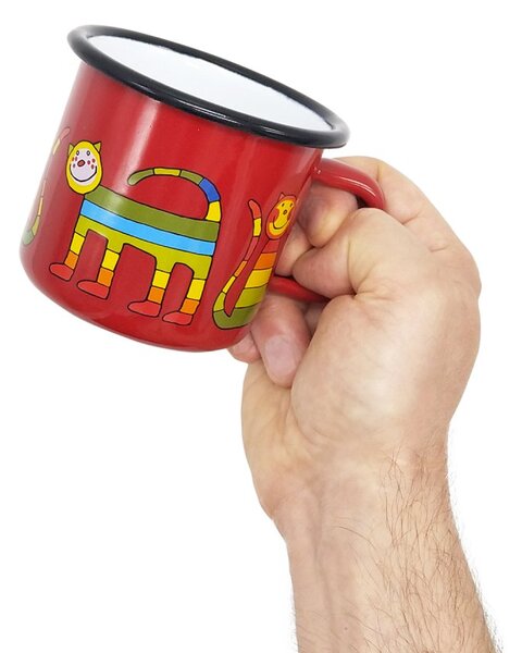 Smaltovaný hrnek Smaltum Kočky, červený, autorský motiv, plecháček, 350 ml