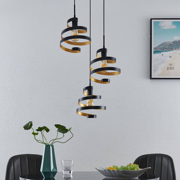 Lindby Závěsné svítidlo Colten, Ø 50 cm, 3 světla, černá, zlatá, stmívatelný, Černá, Obývací pokoj / jídelna, kov, Design