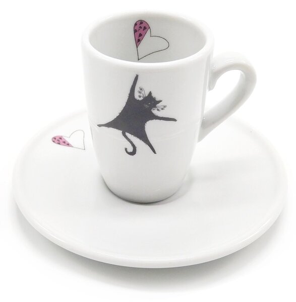 Porcelánový espresso šálek Srdeční záležitost Visící kočka, černobílý, s podšálkem, český design, 130 ml