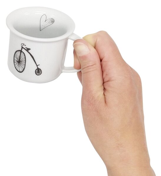 Porcelánový moka hrnek Srdeční záležitost Retro kolo, bílý, český design, perokresba, 100 ml