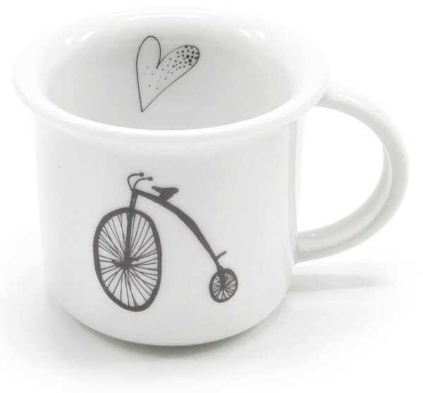 Porcelánový moka hrnek Srdeční záležitost Retro kolo, bílý, český design, perokresba, 100 ml