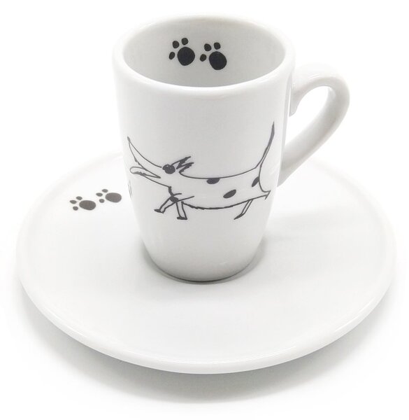 Porcelánový espresso šálek Srdeční záležitost Běžící pes, bílý, s podšálkem, autorská perokresba, 130 ml