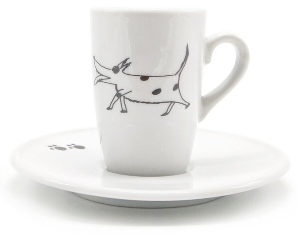 Porcelánový espresso šálek Srdeční záležitost Běžící pes, bílý, s podšálkem, autorská perokresba, 130 ml