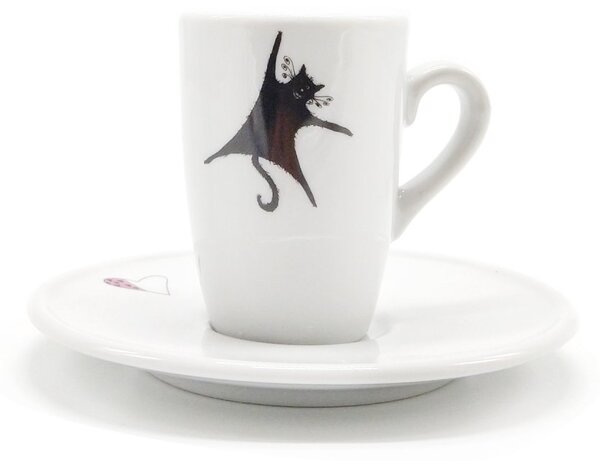 Porcelánový espresso šálek Srdeční záležitost Visící kočka, černobílý, s podšálkem, český design, 130 ml